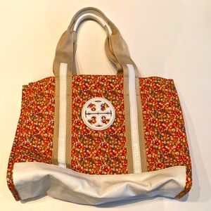 Tory Burch canvas and white vinyl floral summer tote